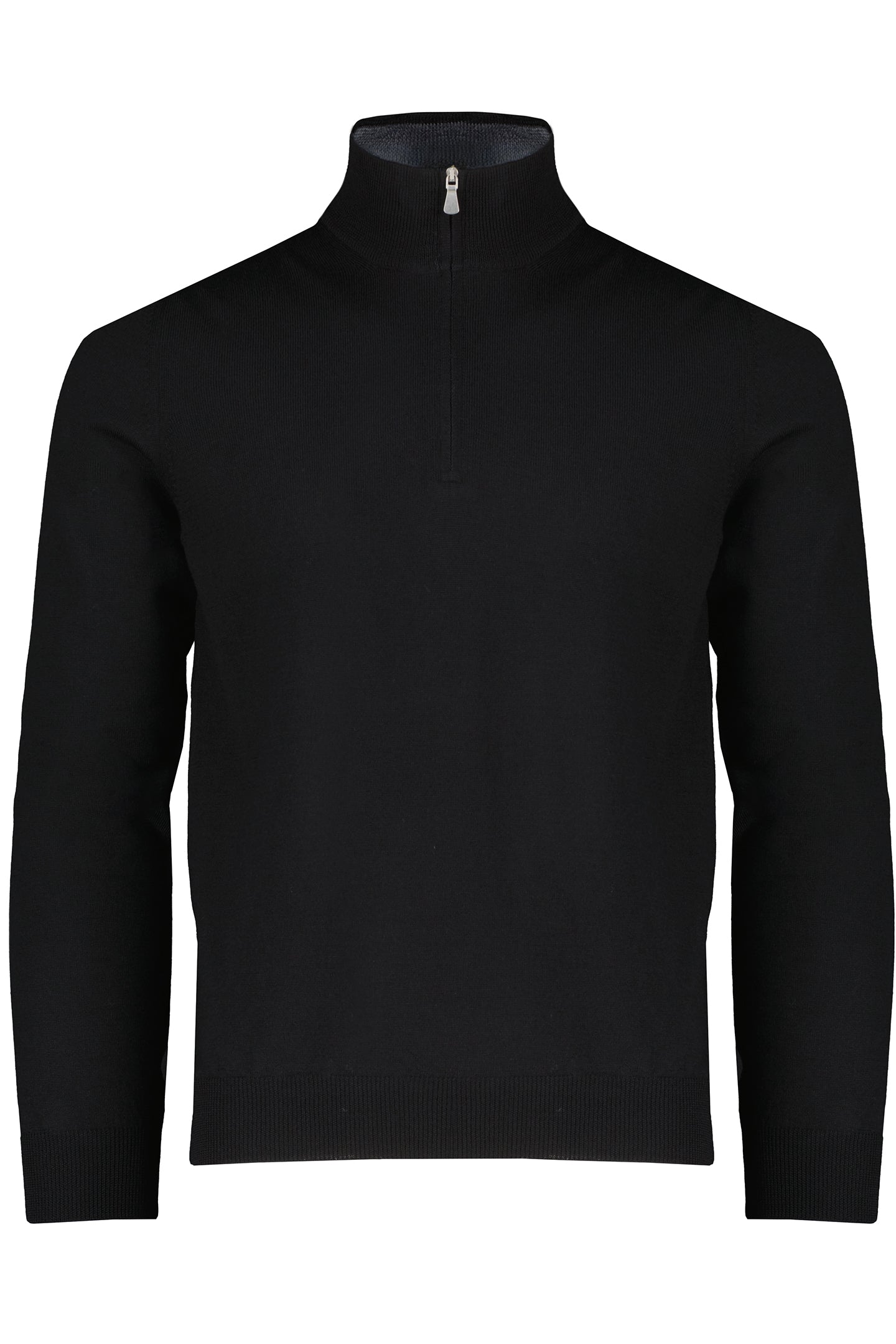 Men's Gran Sasso Black 1/4 Zip Mock Neck Merino Wool Knitted Jumper elasticated waist and cuff silver zip