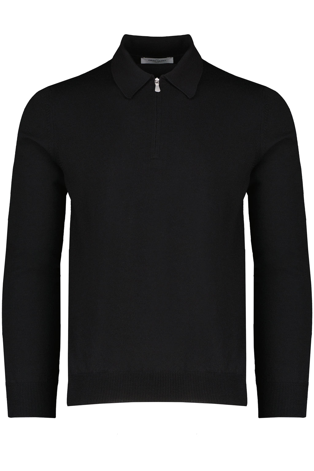 Men's Gran Sasso Black Long Sleeve Zip Merino Wool Knitted Polo Shirt with elasticated cuff and waist silver zip pully