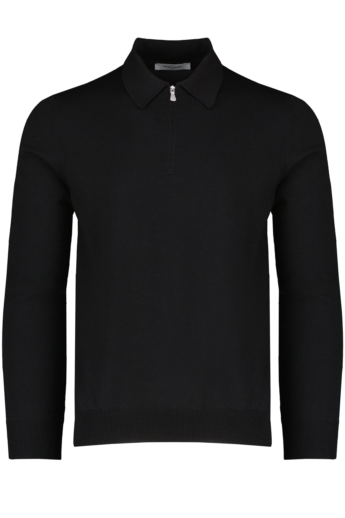 Men's Gran Sasso Black Long Sleeve Zip Merino Wool Knitted Polo Shirt with elasticated cuff and waist silver zip pully