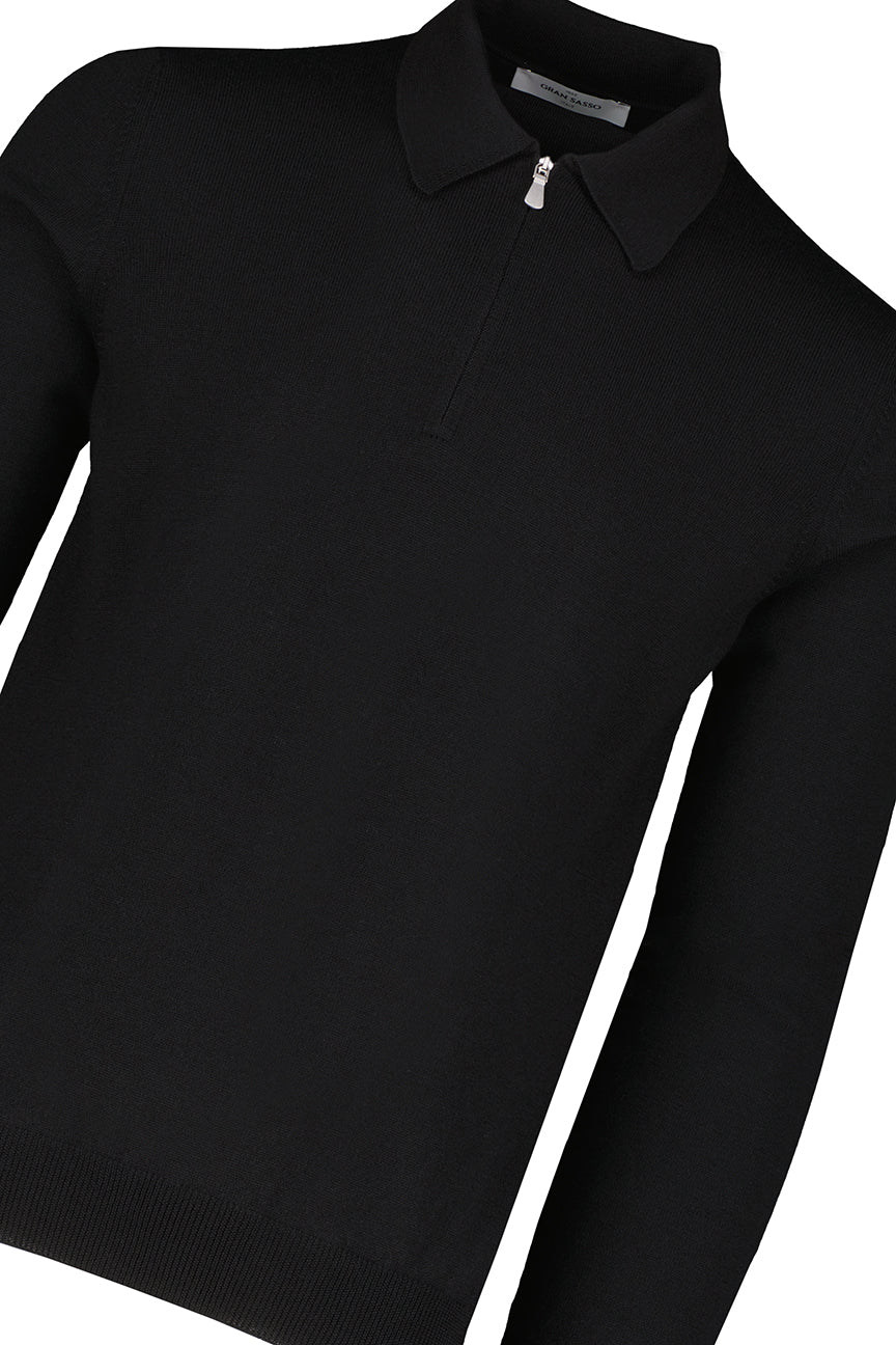 Men's Gran Sasso Black Long Sleeve Zip Merino Wool Knitted Polo Shirt - image 4