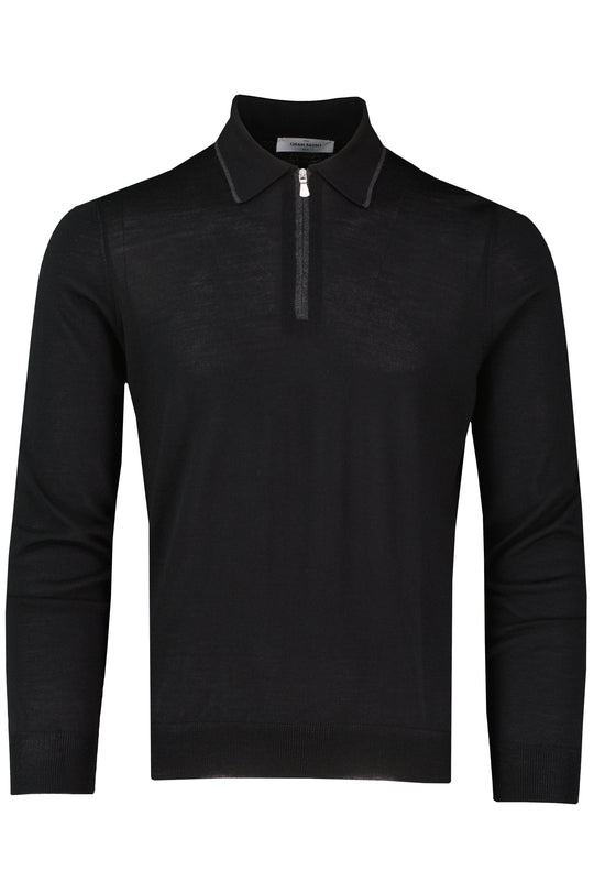 Men's Gran Sasso Black Tennis Long Sleeve Knitted Polo