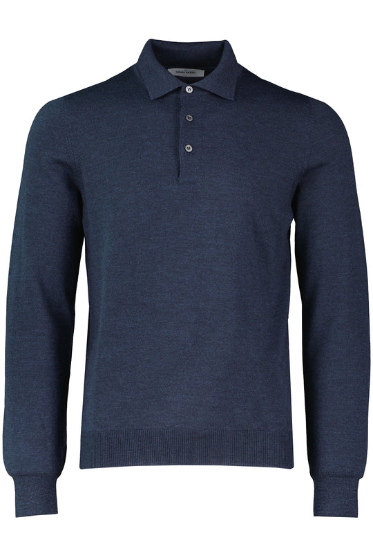 Men's Gran Sasso Dark Blue Long Sleeve 3 Button Merino Wool Knitted Polo Shirt