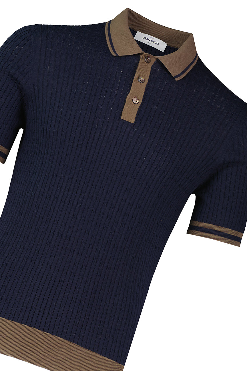 Men's Gran Sasso Navy Cable Knit 3 Button Polo Shirt - image 4