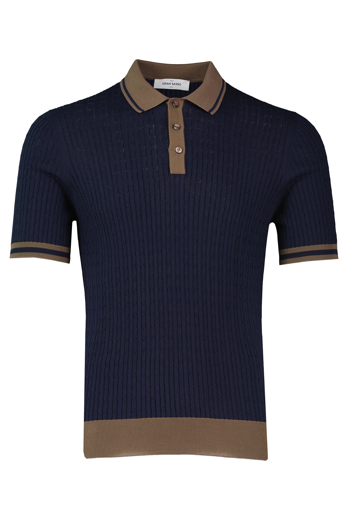 Men's Gran Sasso Navy Cable Knit 3 Button Polo Shirt - image 2