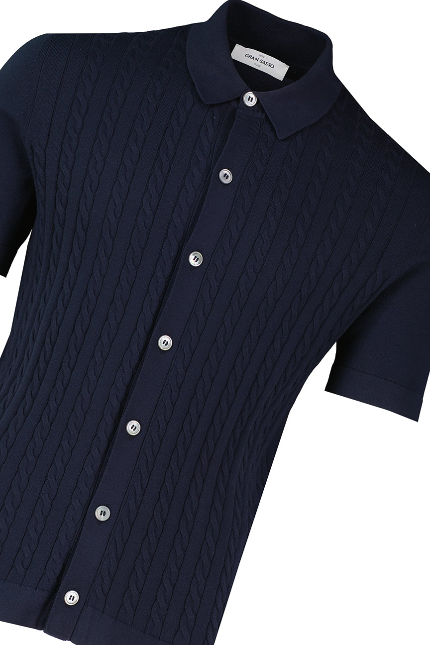 Men's Gran Sasso Navy Cable Knit Full Button Up Polo Shirt - image 3