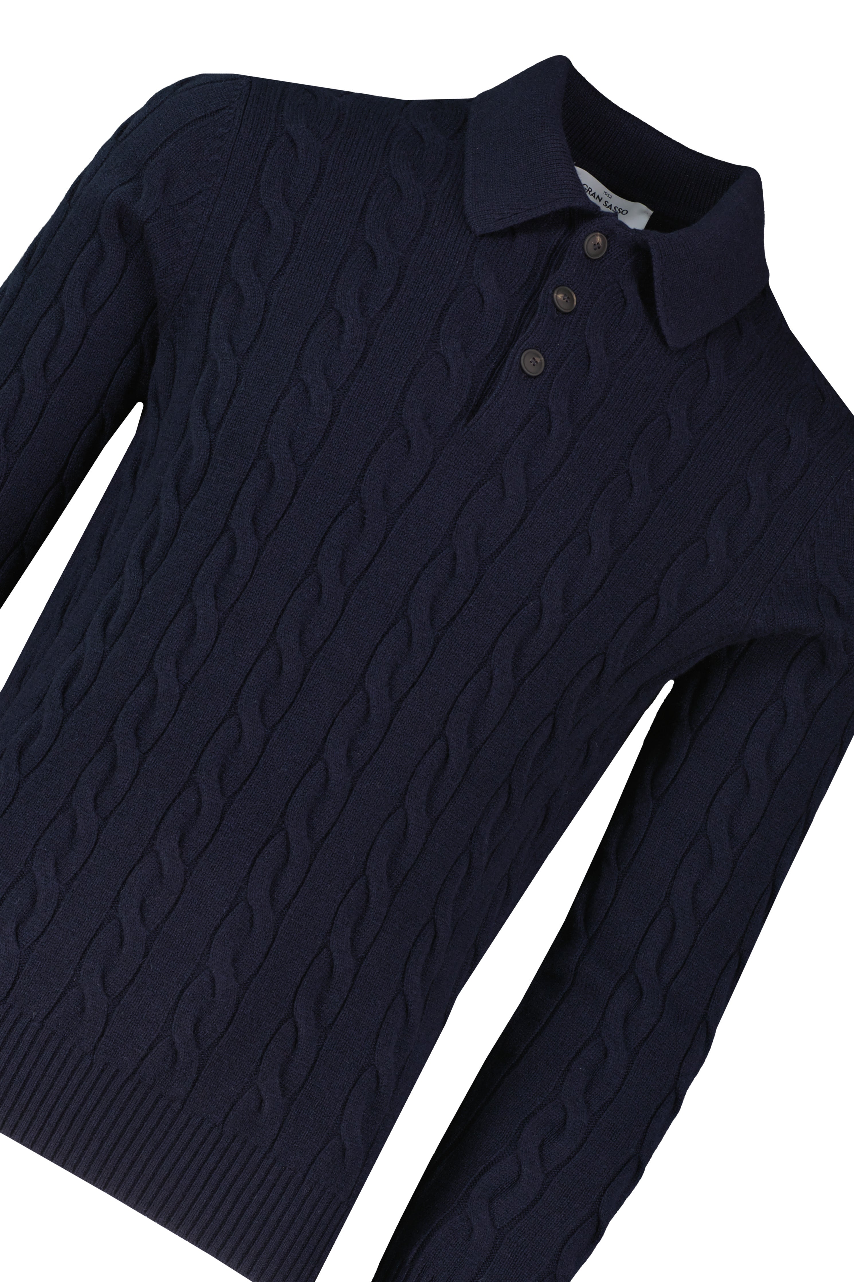Men's Gran Sasso Navy Long Sleeve Cable Knitted Polo — view 3