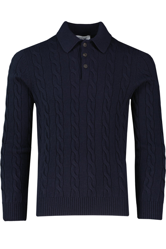 Men's Gran Sasso Navy Long Sleeve Cable Knitted Polo