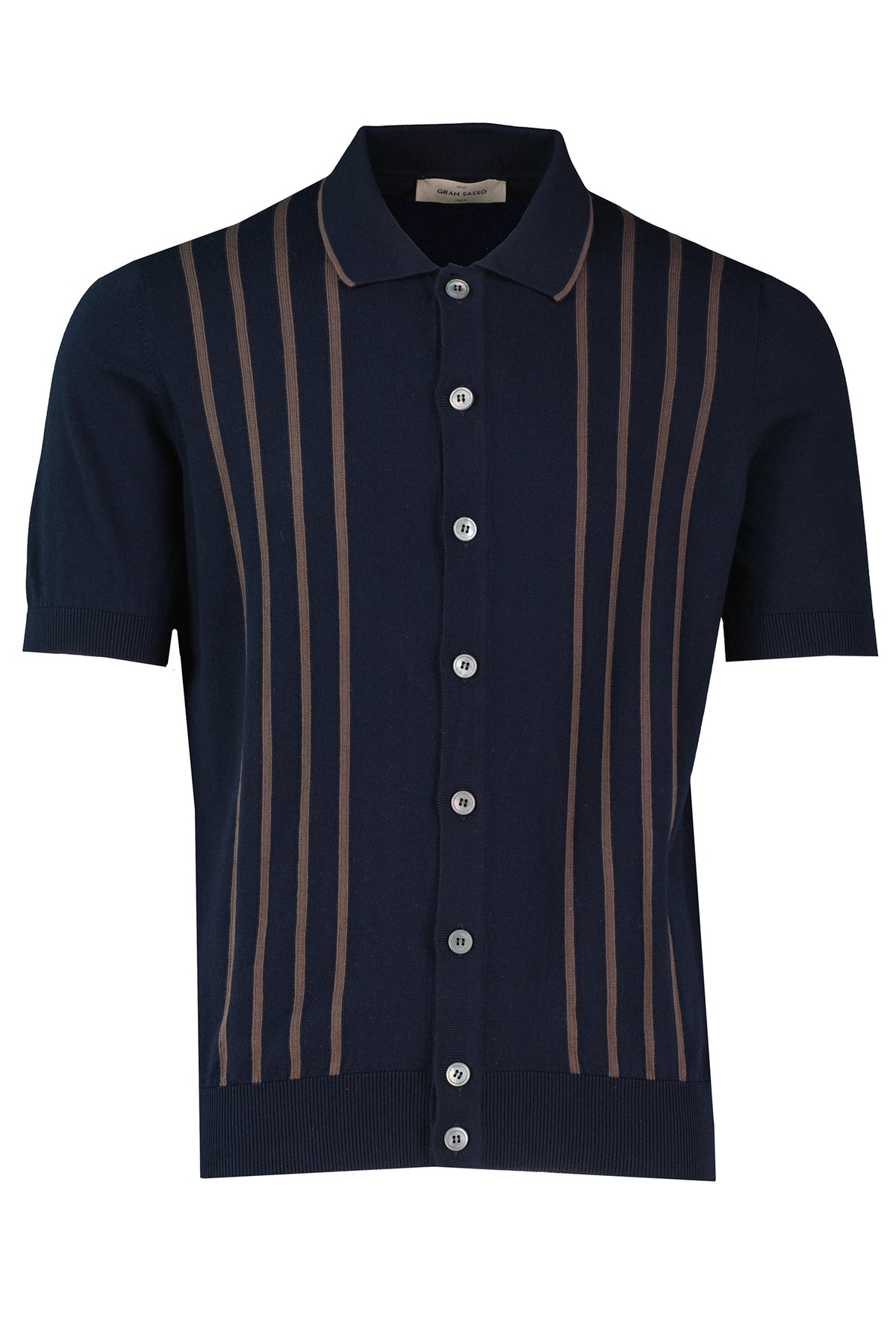 Men's Gran Sasso Navy Stripe Knit Full Button Up Polo Shirt - image 2