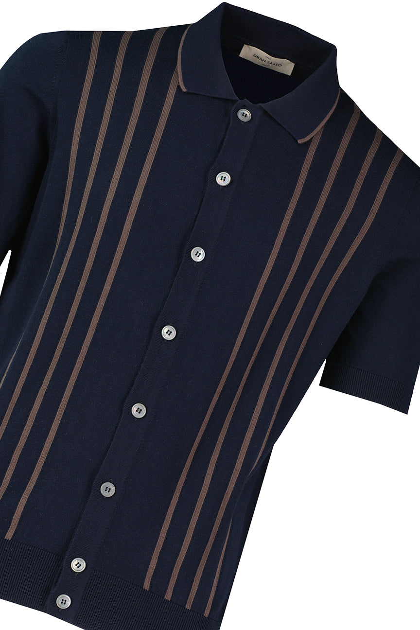 Men's Gran Sasso Navy Stripe Knit Full Button Up Polo Shirt - image 4