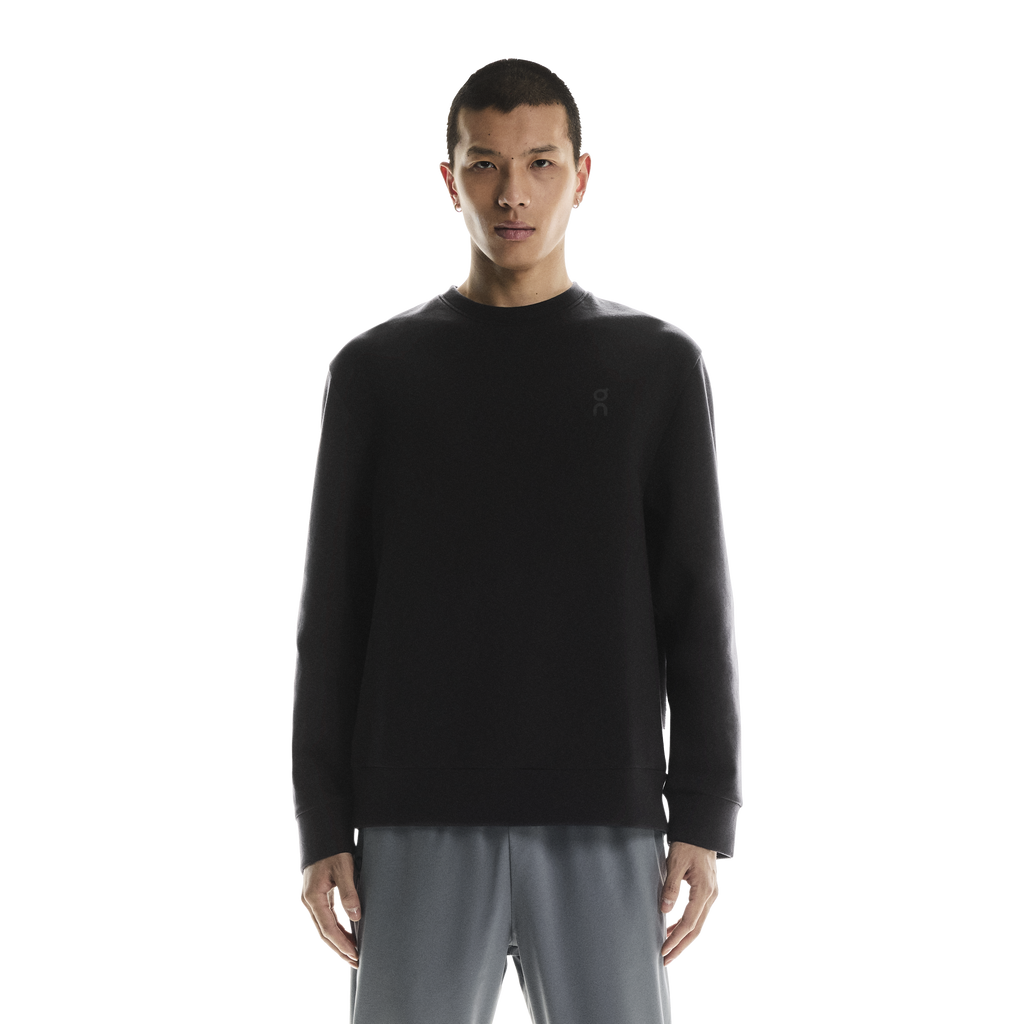 Men's On Running Black Focus Tech Crew Sweatshirt  with on chest logoSTYLED with matching grey focus pants