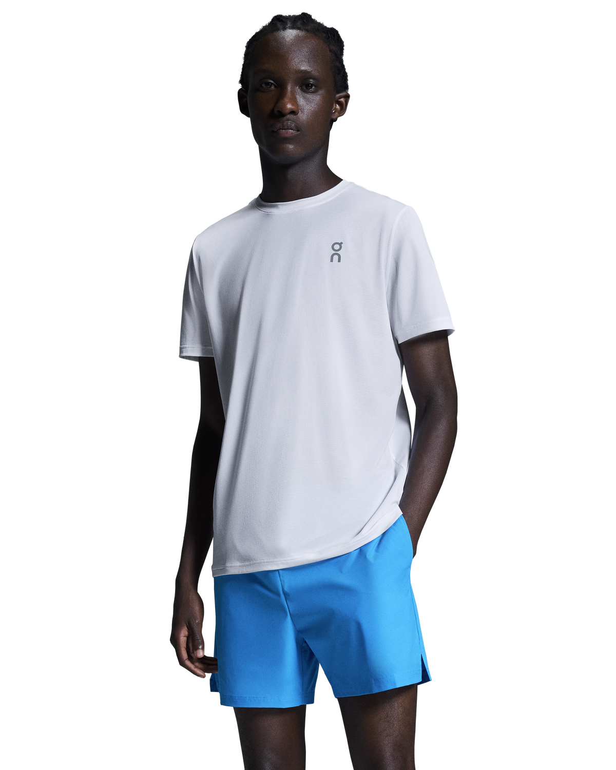Men's On Running Undyed White Core T Shirt WITH CHEST REFLECTIVE LOGO styled with on running core malibu shorts