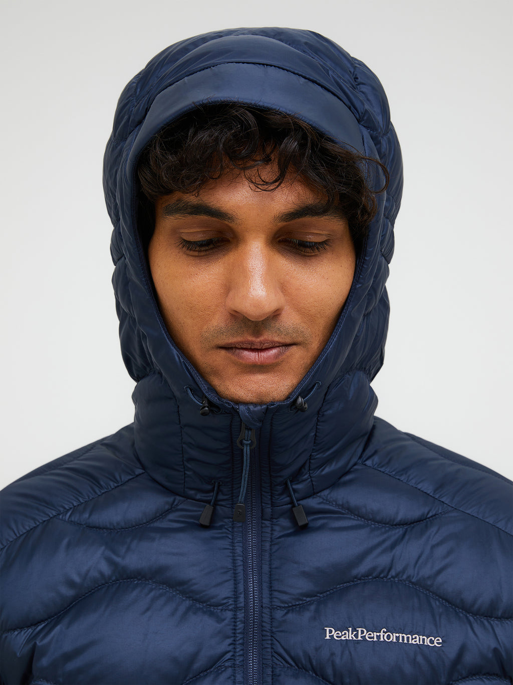 Men's Peak Performance Helium Down Hood Jacket in Blue Shadow — view 7