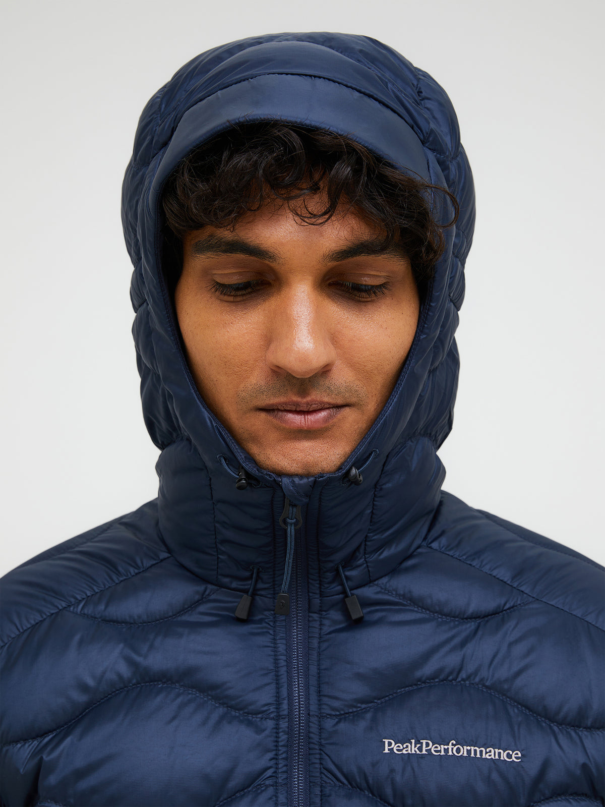 Men's Peak Performance Helium Down Hood Jacket in Blue Shadow — view 7