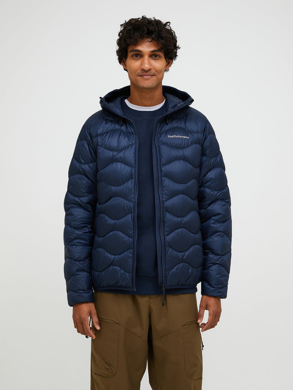 Men's Peak Performance Helium Down Hood Jacket in Blue Shadow — view 3