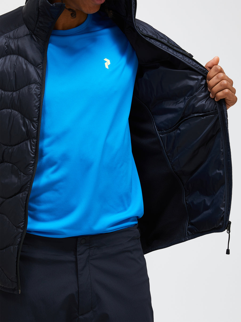 Men's Peak Performance Helium Down Hybrid Hood in Black — view 5