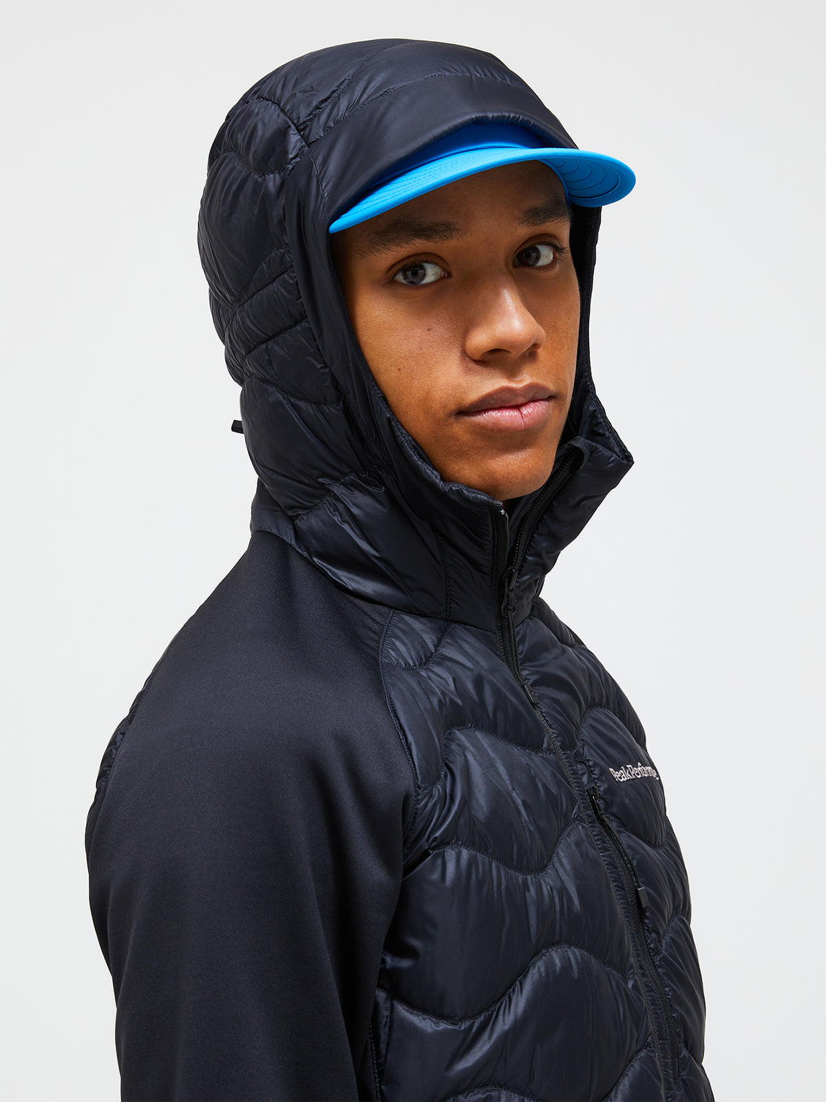 Men's Peak Performance Helium Down Hybrid Hood in Black — view 8