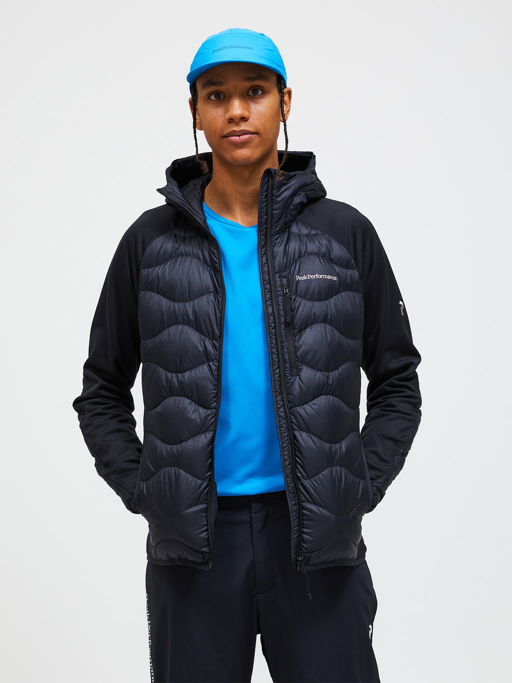 Men's Peak Performance Helium Down Hybrid Hood in Black — view 3