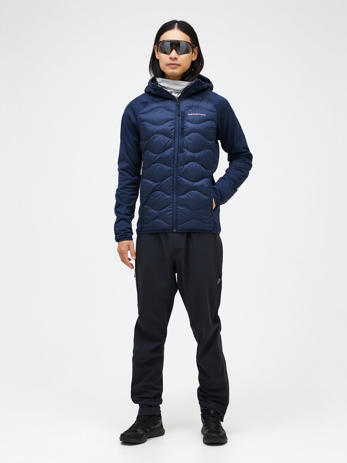 Men's Peak Performance Helium Down Hybrid Hood in Blue Shadow — view 4