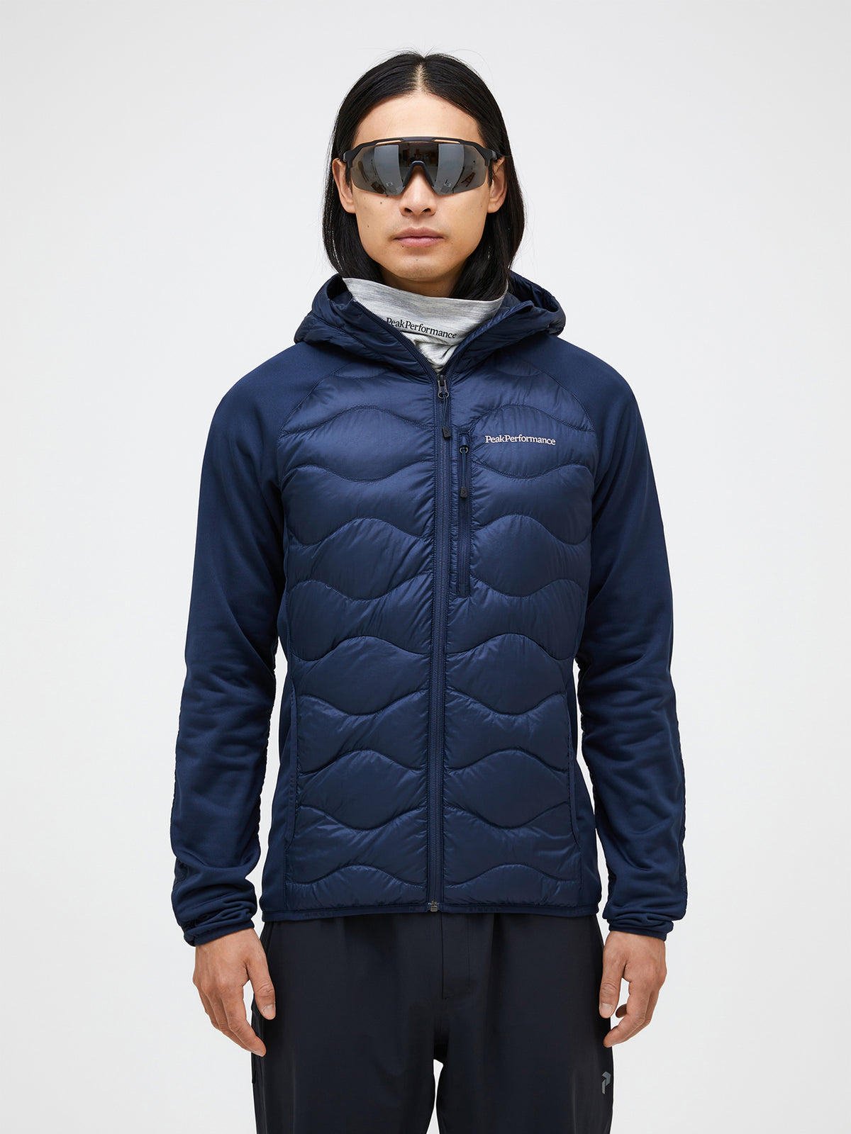 Men's Peak Performance Helium Down Hybrid Hood in Blue Shadow — view 3