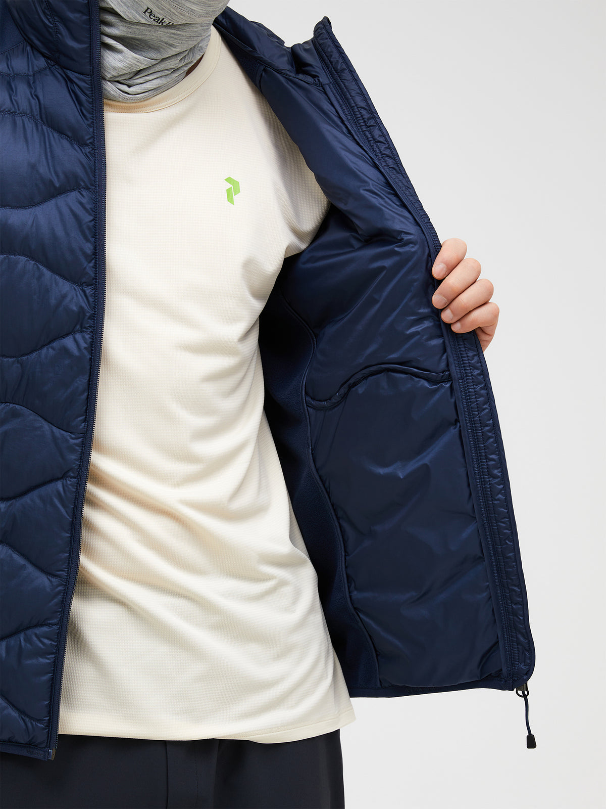 Men's Peak Performance Helium Down Hybrid Hood in Blue Shadow — view 7