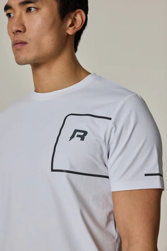 Reprimo branding on white Motion tee