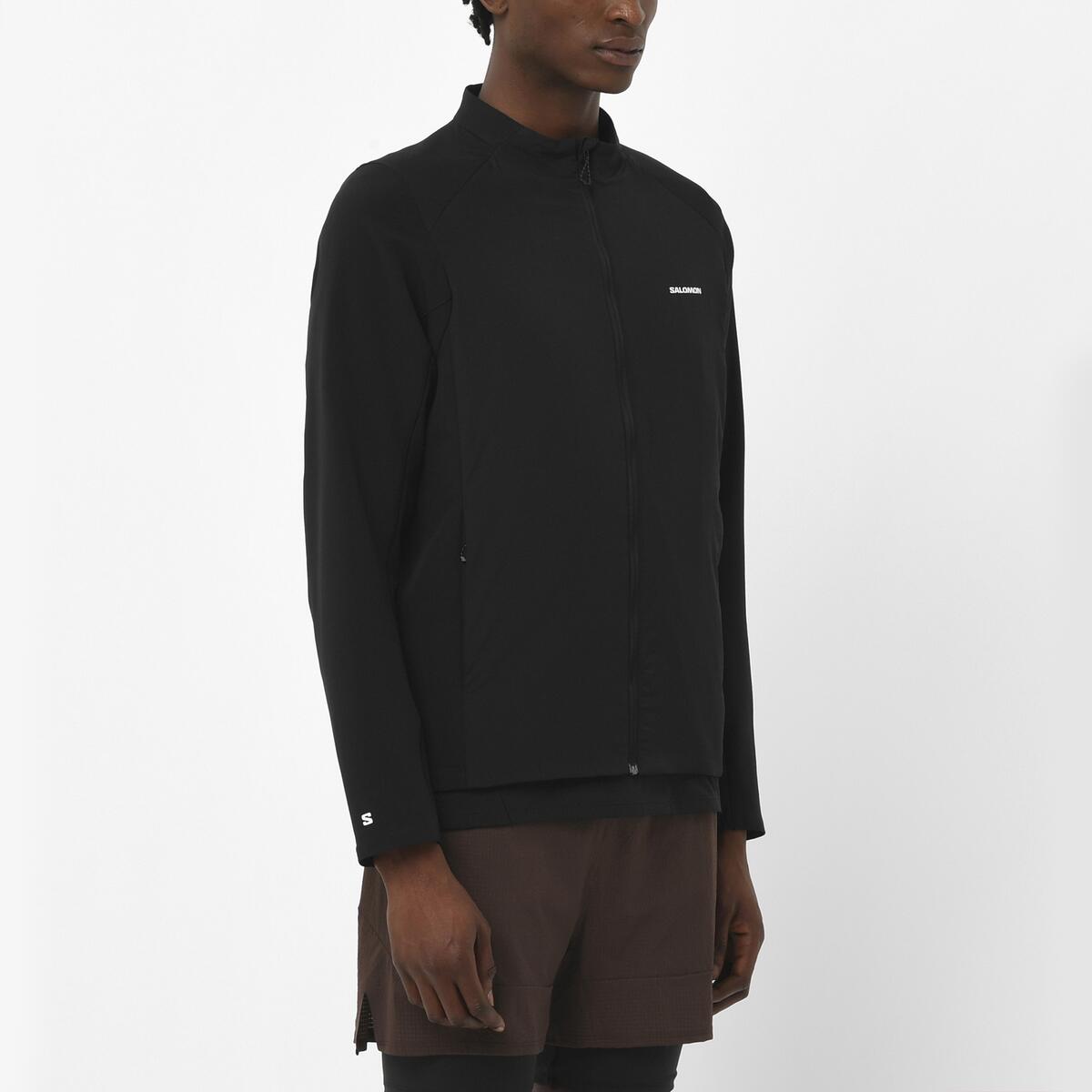 Men's Salomon Black Mountain Flex Hybrid Jacket, REFLECTIVE CHEST LOGO, zip up with stretch side panels
