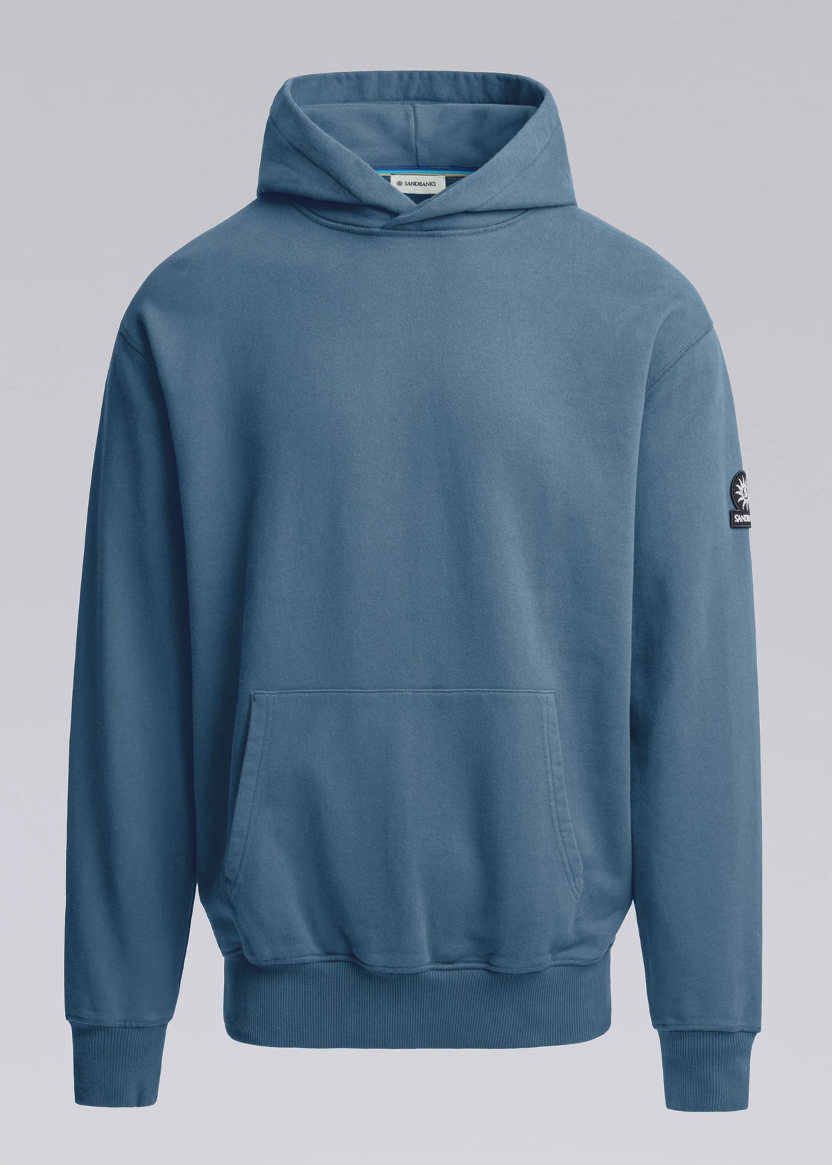 Men's Sandbanks Badge Logo Teal Hoodie with a badge logo arm and a kangaroo pocket 