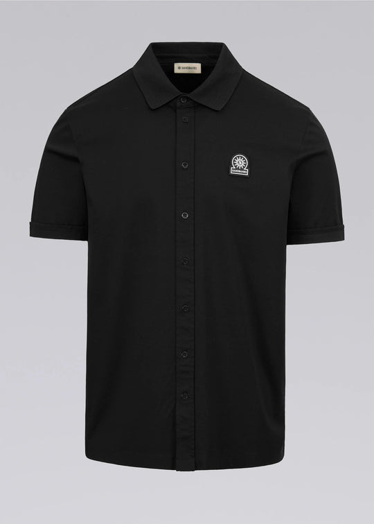 Men's Sandbanks Black Interlock Full Button Polo Shirt
