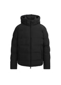 Black waterproof puffer jacket with side zip pockets and a hood on a white background
