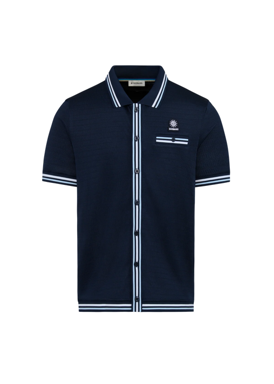 Men's Sandbanks Navy Textured Full Button Polo Shirt