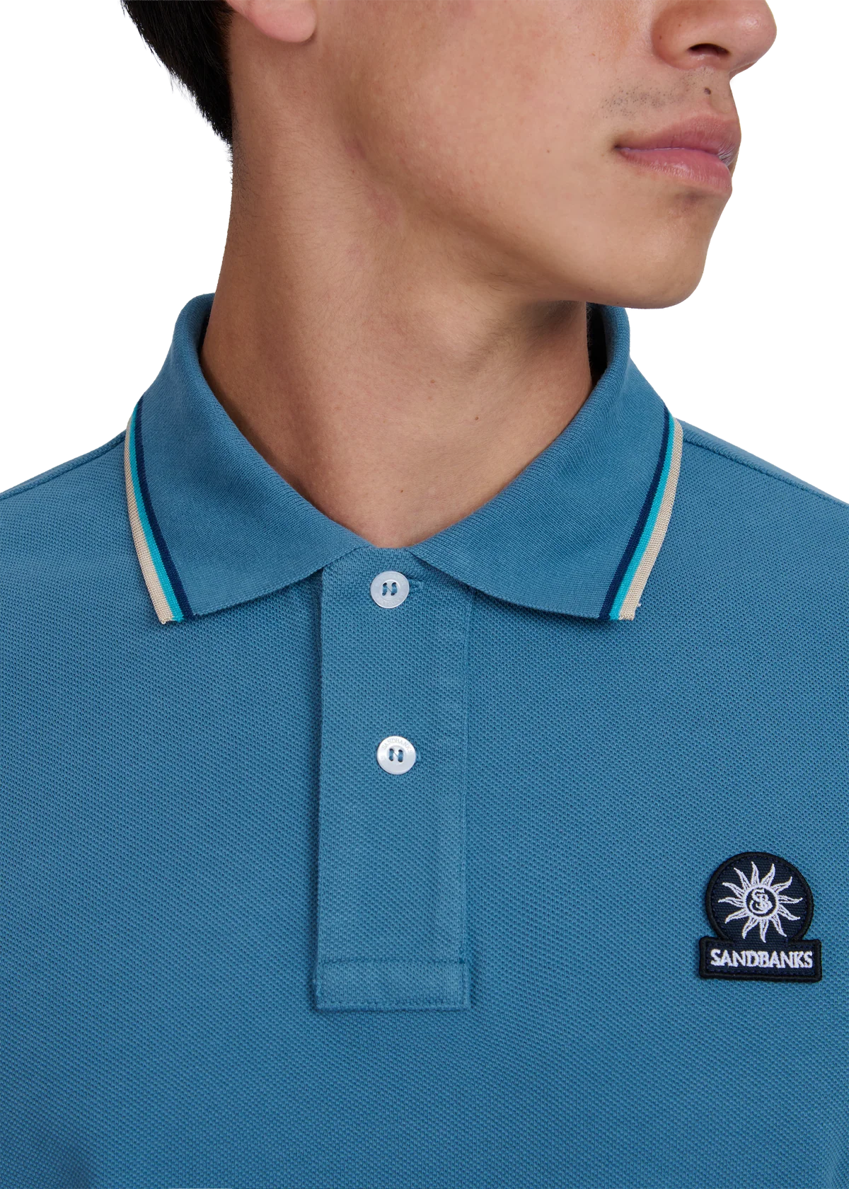Men's Sandbanks Tipped Badge Pique Polo in Teal — view 3