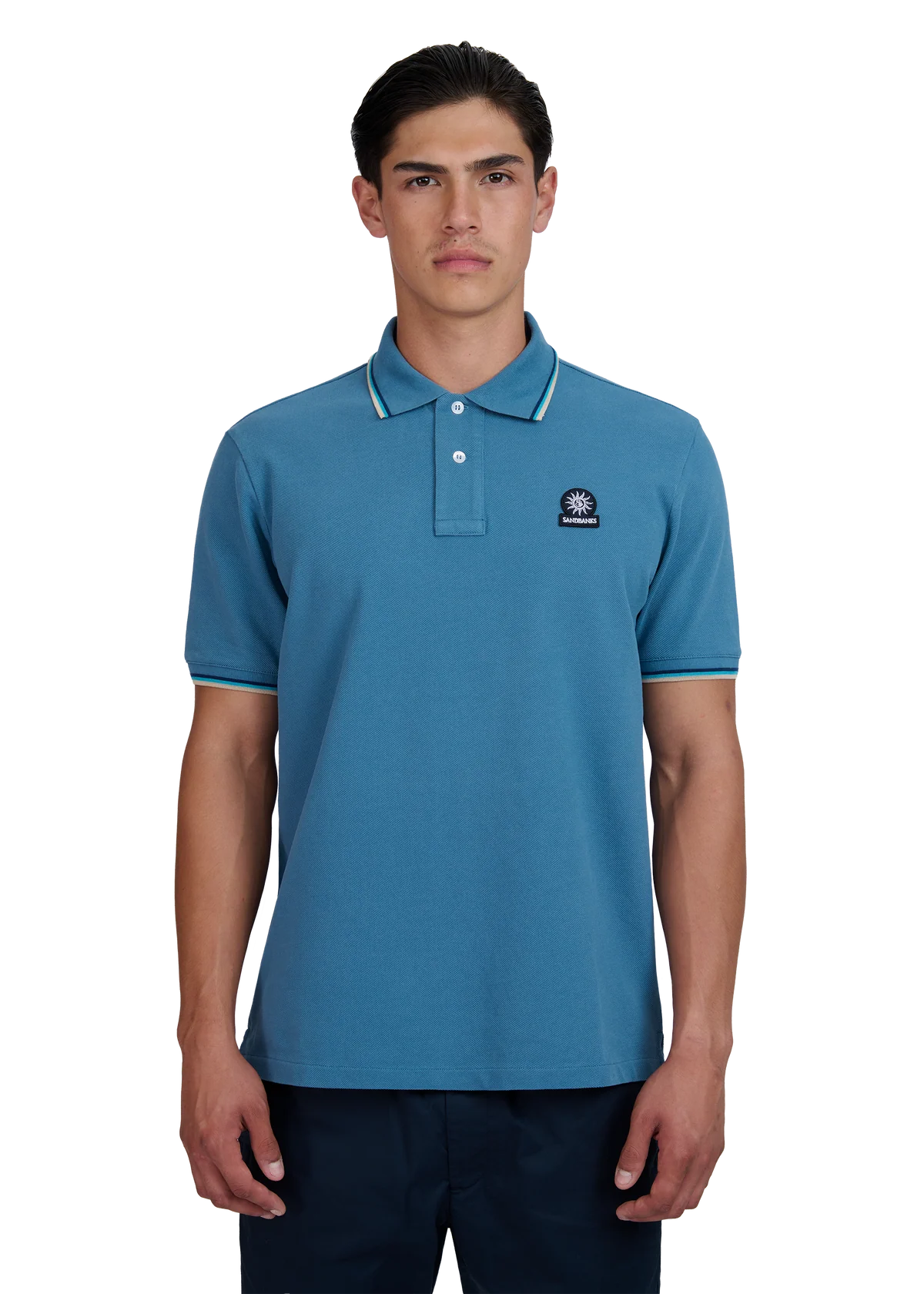 Men's Sandbanks Tipped Badge Pique Polo in Teal — view 2