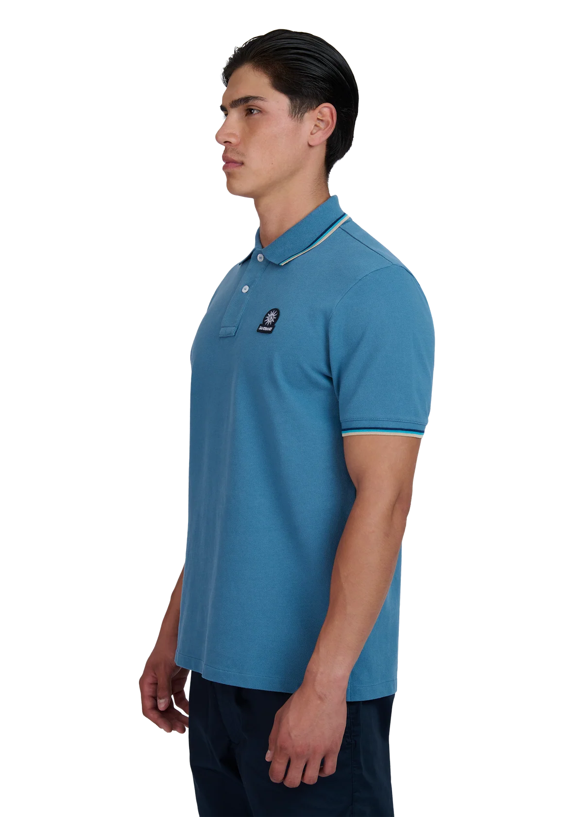 Men's Sandbanks Tipped Badge Pique Polo in Teal — view 4