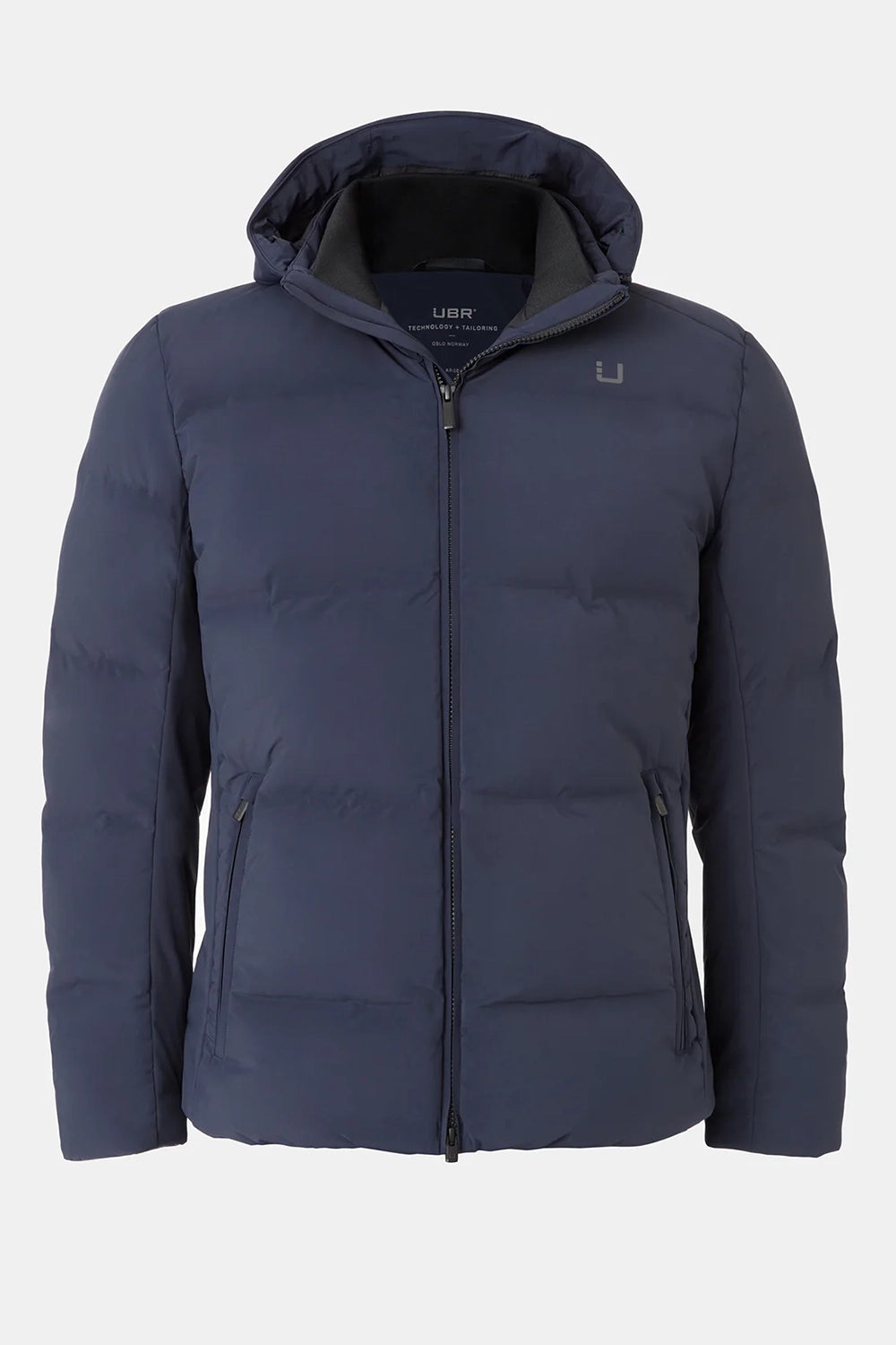 Navy blue UBR jacket with a hood on a white background