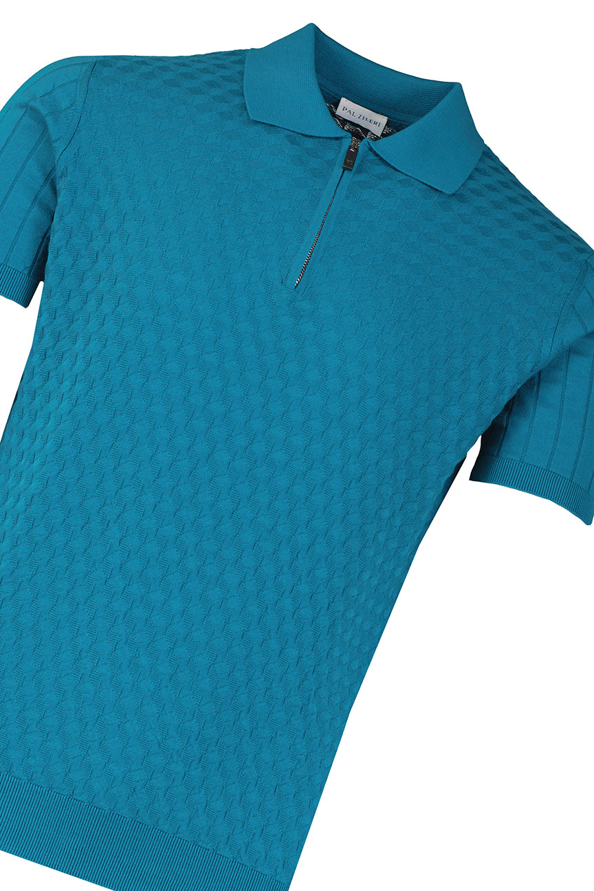 Men's Pal Zileri Teal Blue Zip Up Knitted Polo — view 4
