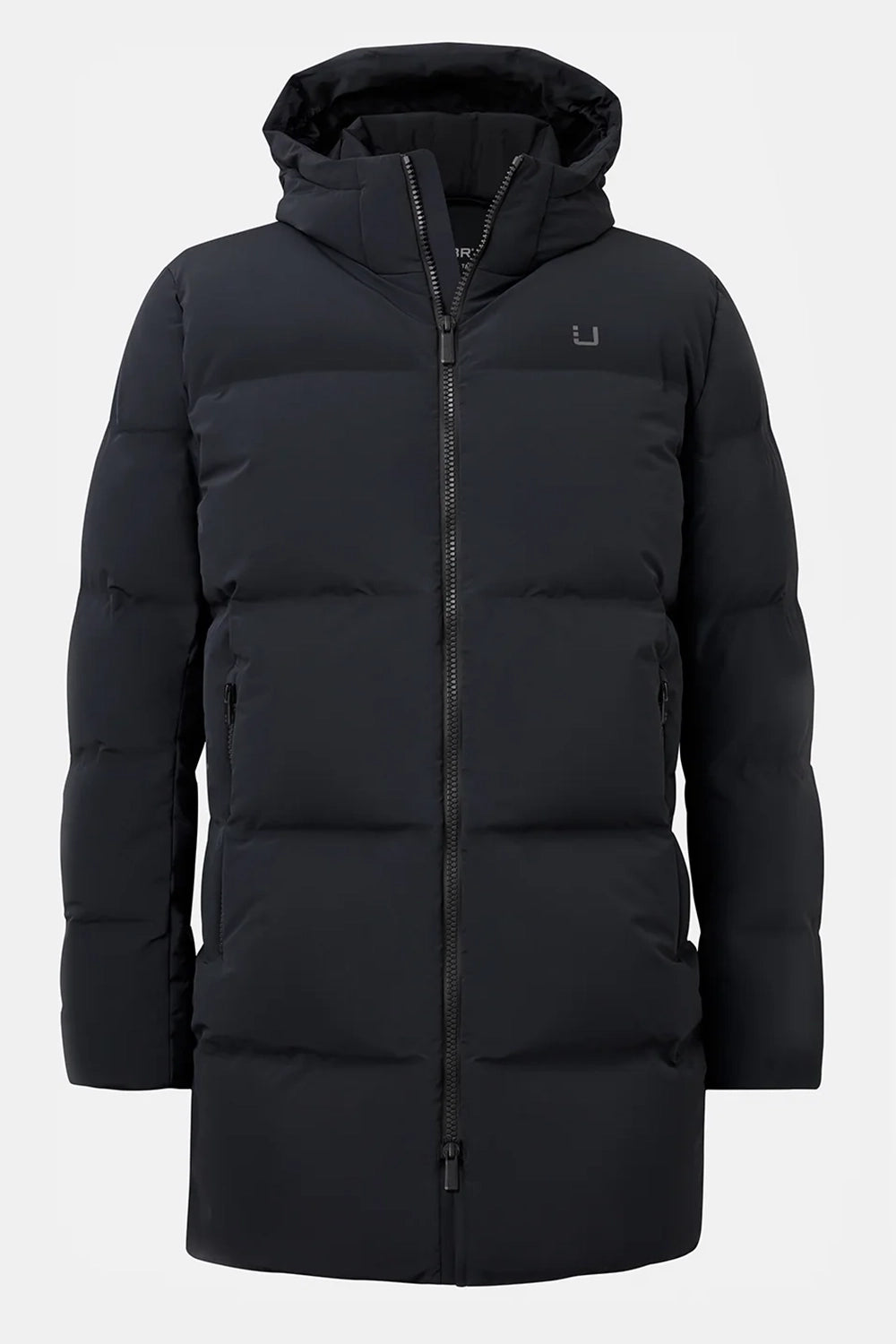 Black  UBR puffer coat with a brand logo on a white background