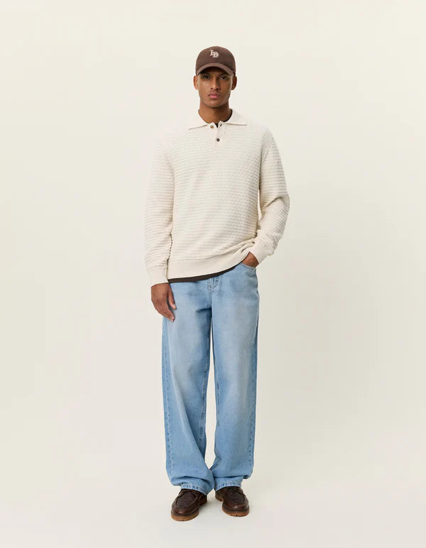 Mens Les Deux Light Ivory Billy Weave Knitted LS Polo - image 3