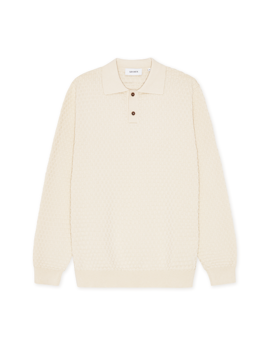 Mens Les Deux Light Ivory Billy Weave Knitted LS Polo