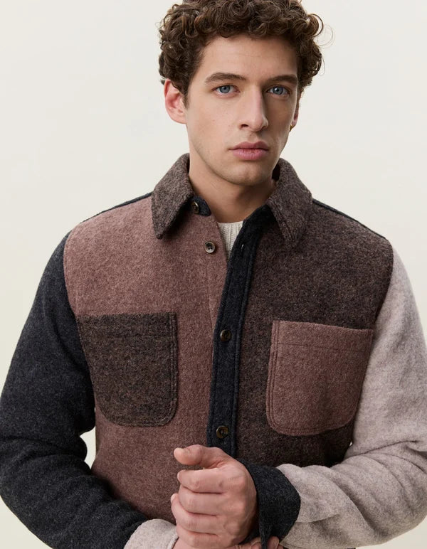 Mens Les Deux Wool Colourblock Overshirt Molé Brown Overshirts