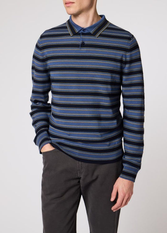Mens Paul Smith Blue Stripe Merino Polo Shirt