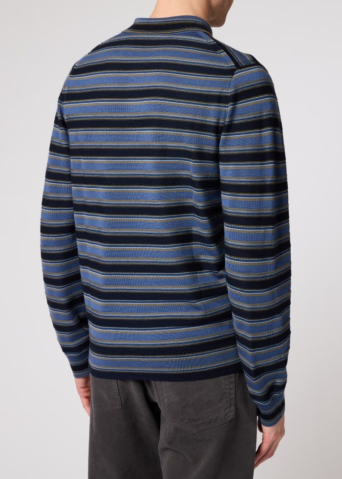 Mens Paul Smith Blue Stripe Merino Polo Shirt — view 3