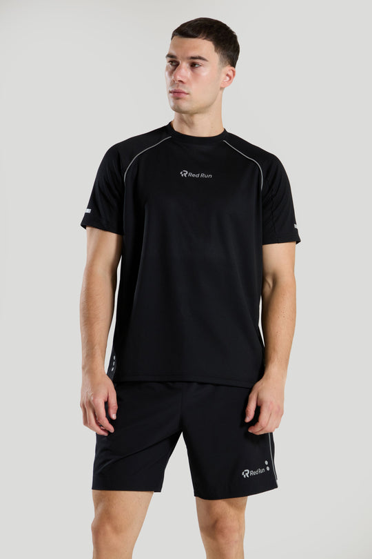 Mens Red Run CARBON IMPACT Black Technical Runner Tee & CARBON IMPACT Black Panelled Sports Short Set
