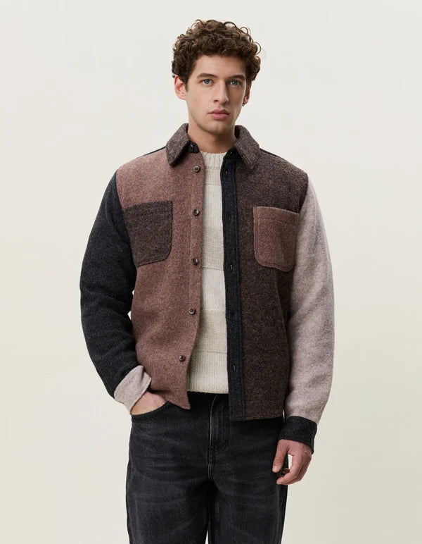 Mens Les Deux Wool Colourblock Overshirt Molé Brown Overshirts