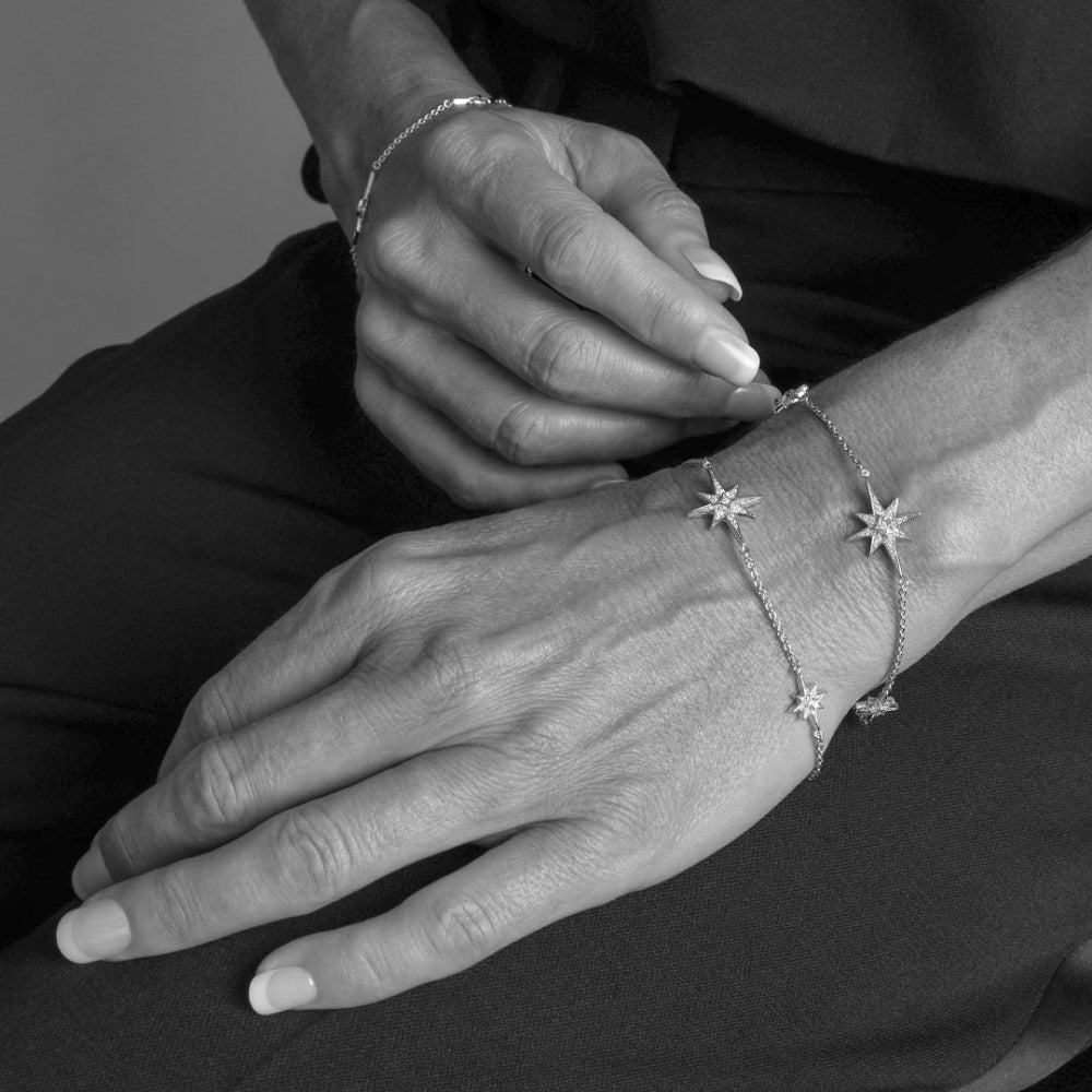 Black and white image of hands on lap, bracelets on wrists.
