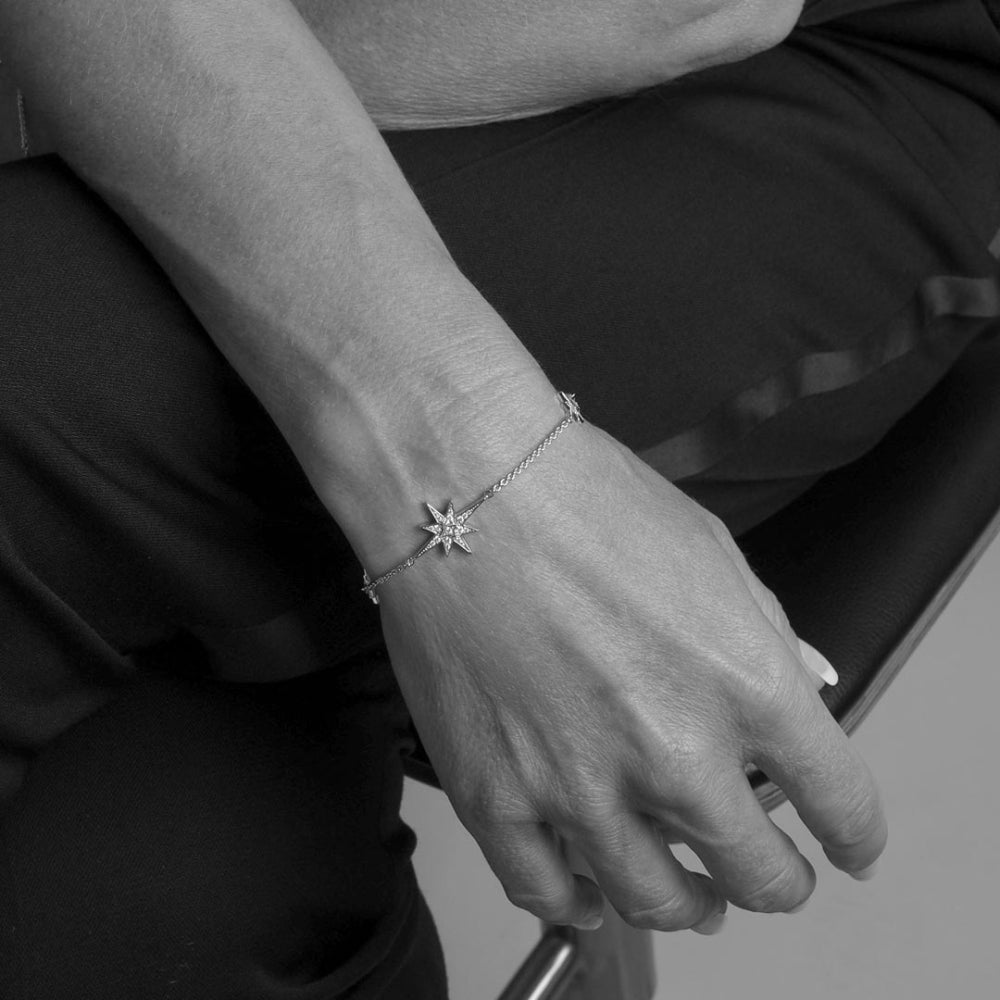 A person's hand rests on their lap, wearing a star-shaped charm bracelet.