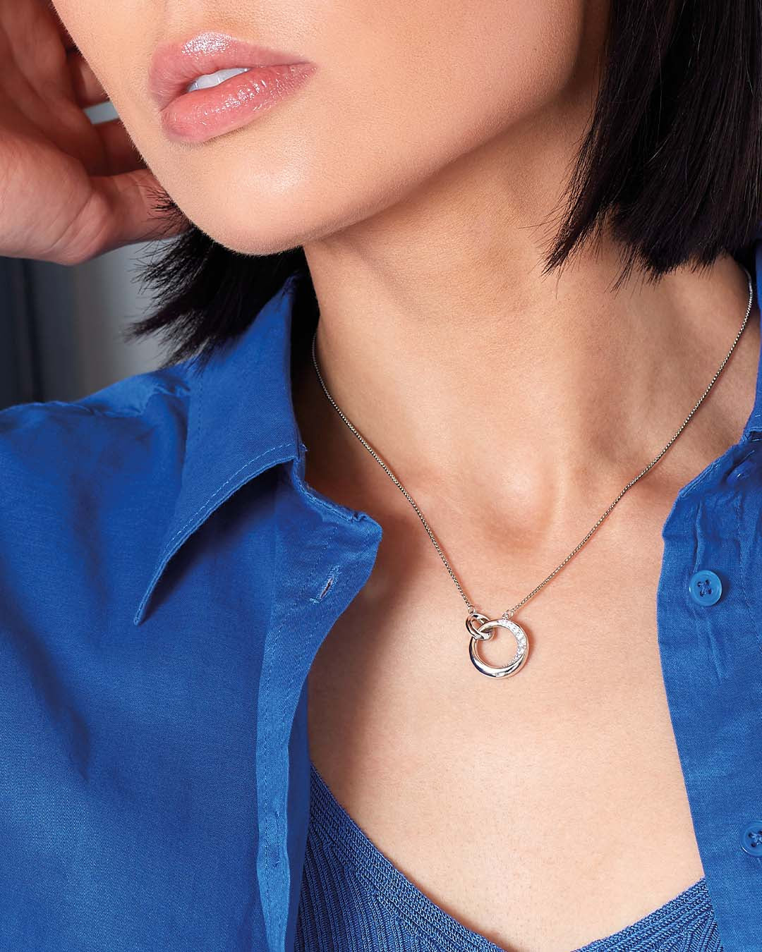 Model wears Bevel Cirque Link Pavé Necklace