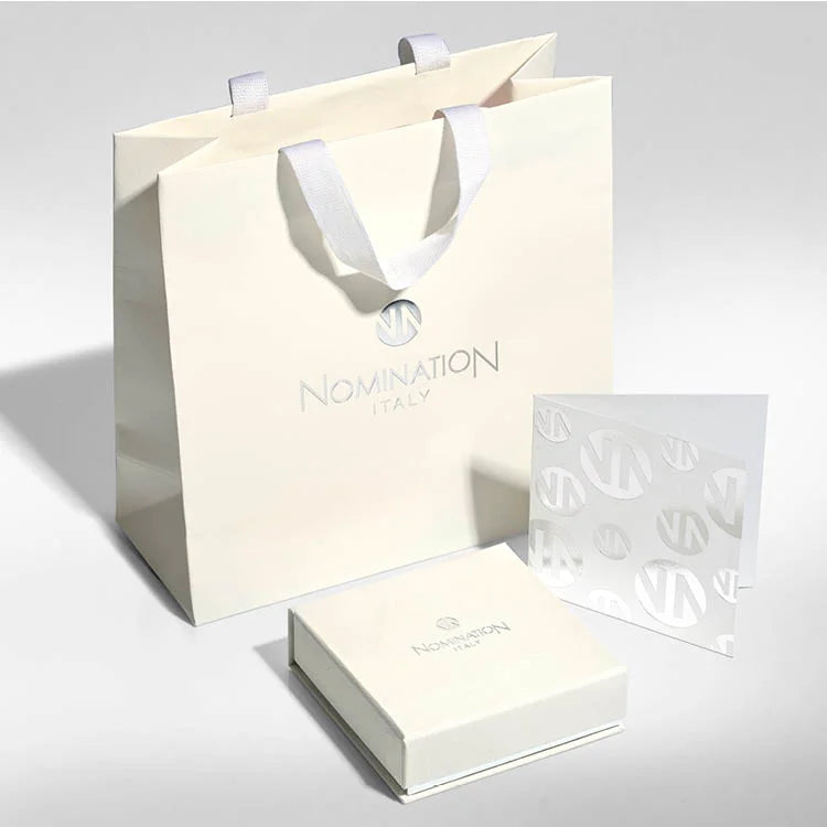 White shopping bag, jewelry box, and card.