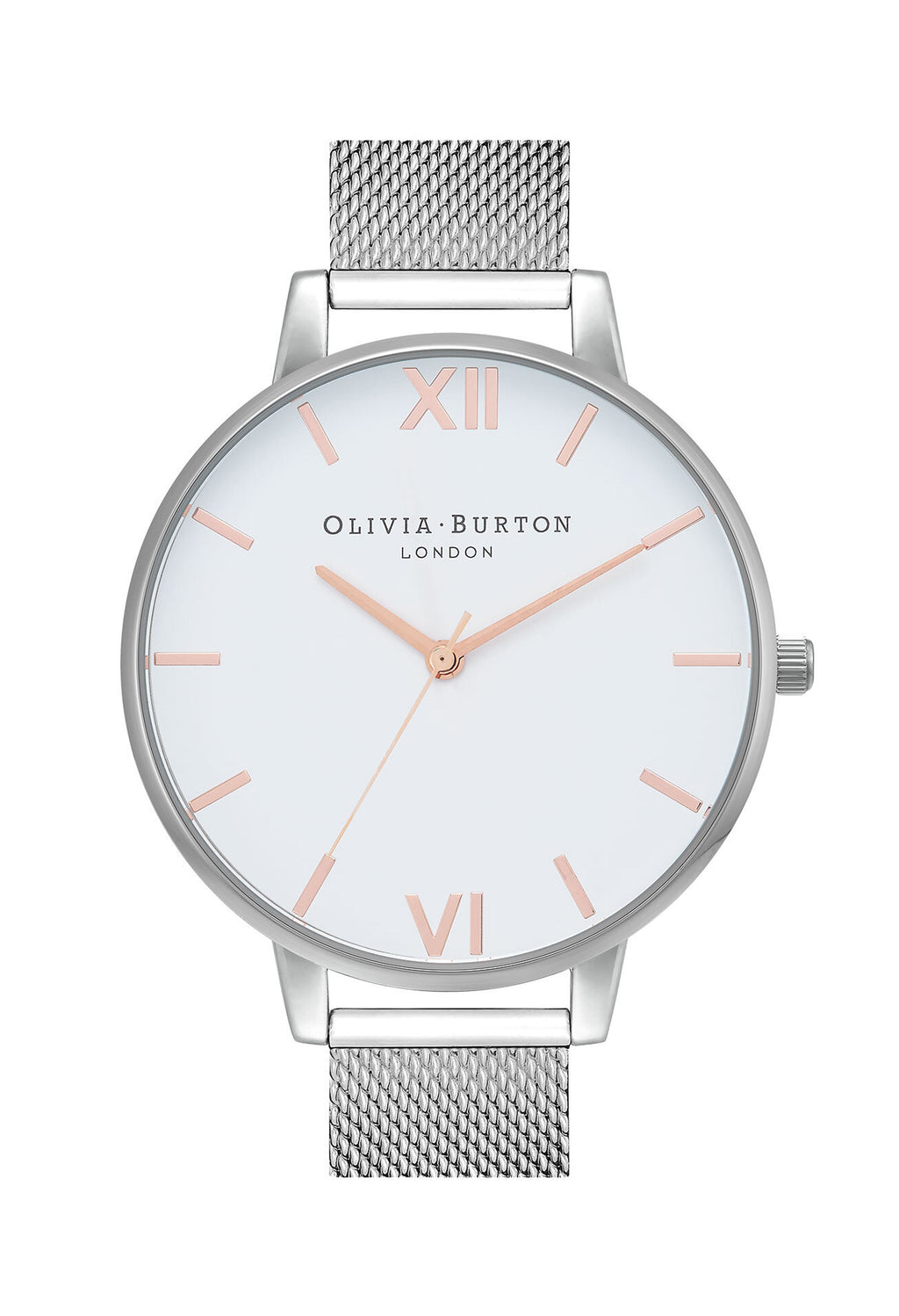 Olivia Burton watch showcasing its white dial, rose gold accents and stainless steel mesh strap.