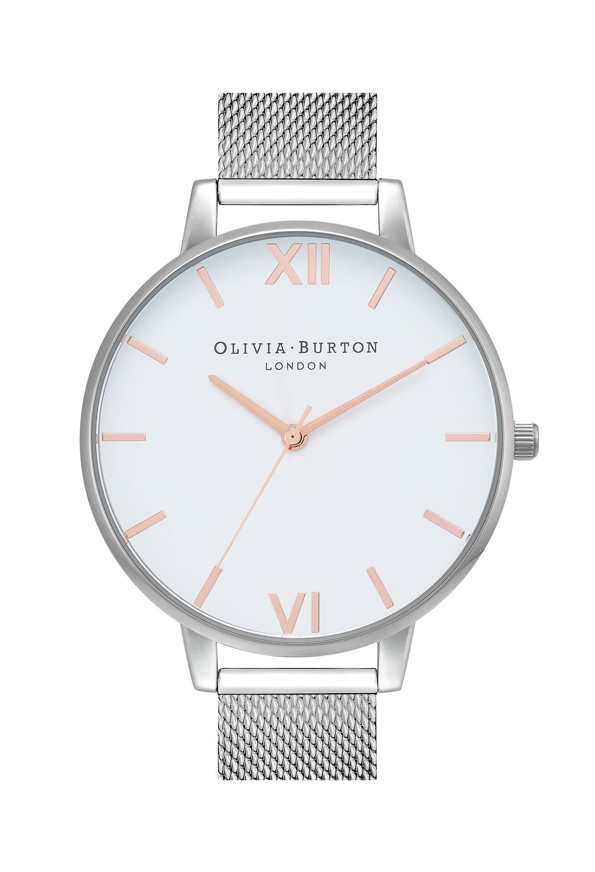 Olivia Burton watch showcasing its white dial, rose gold accents and stainless steel mesh strap.