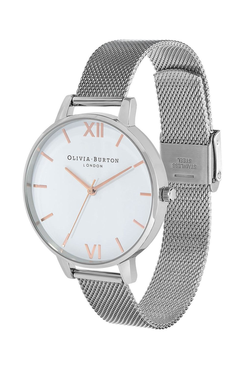 Olivia Burton watch featuring a white dial and stainless steel mesh strap, highlighting the watch's design.